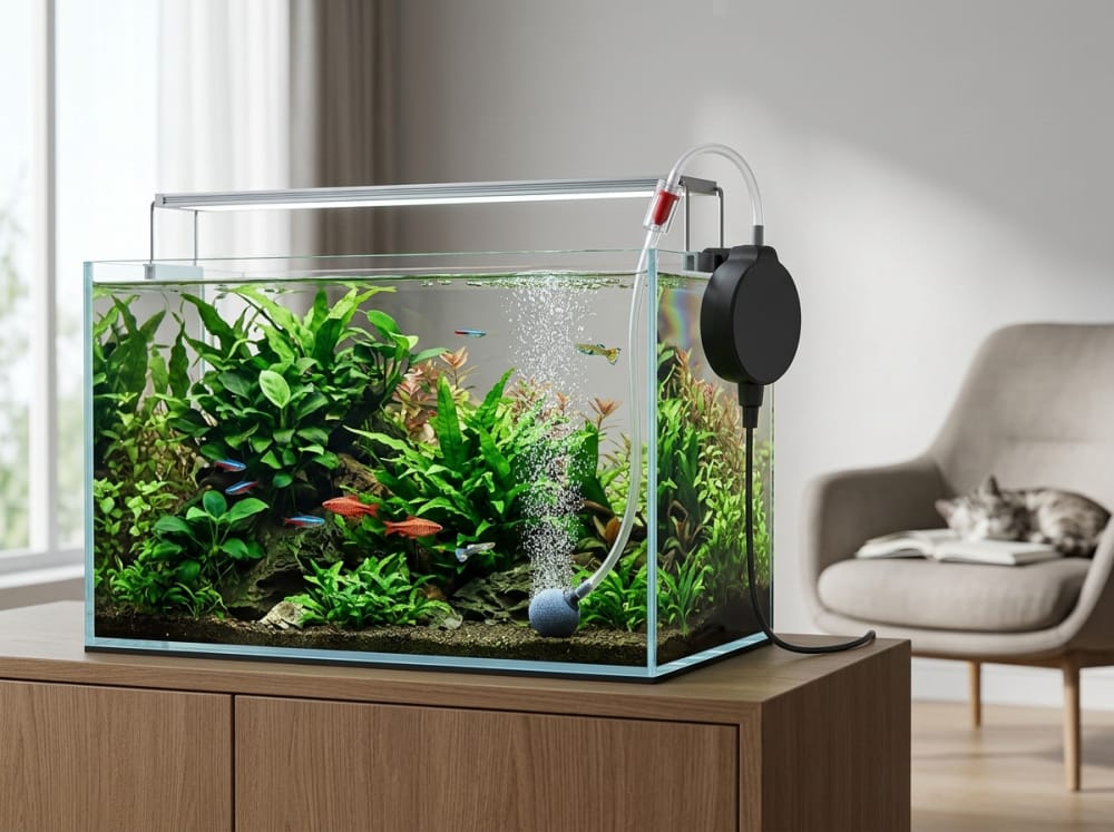 Pompa Udara Mini Senyap untuk Akuarium Modern di Indonesia — supporting aquarium detail