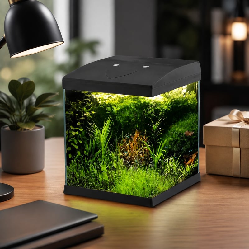 Gambar keunggulan Tangki Akuarium Kaca Mini Tanpa Bingkai WK072 dengan Lampu LED model WK072 untuk distributor dan tim pengadaan tangki akuarium