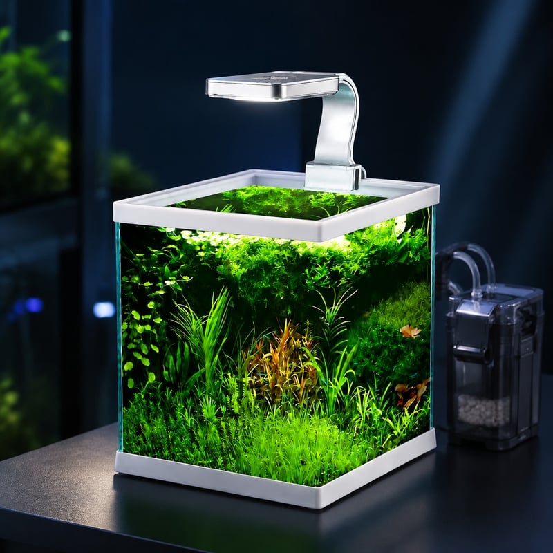Gambar performa Akuarium Mini Tanpa Bingkai Bagian Atas Terbuka WK076 dengan Lampu LED model WK076 untuk distributor dan tim pengadaan tangki akuarium