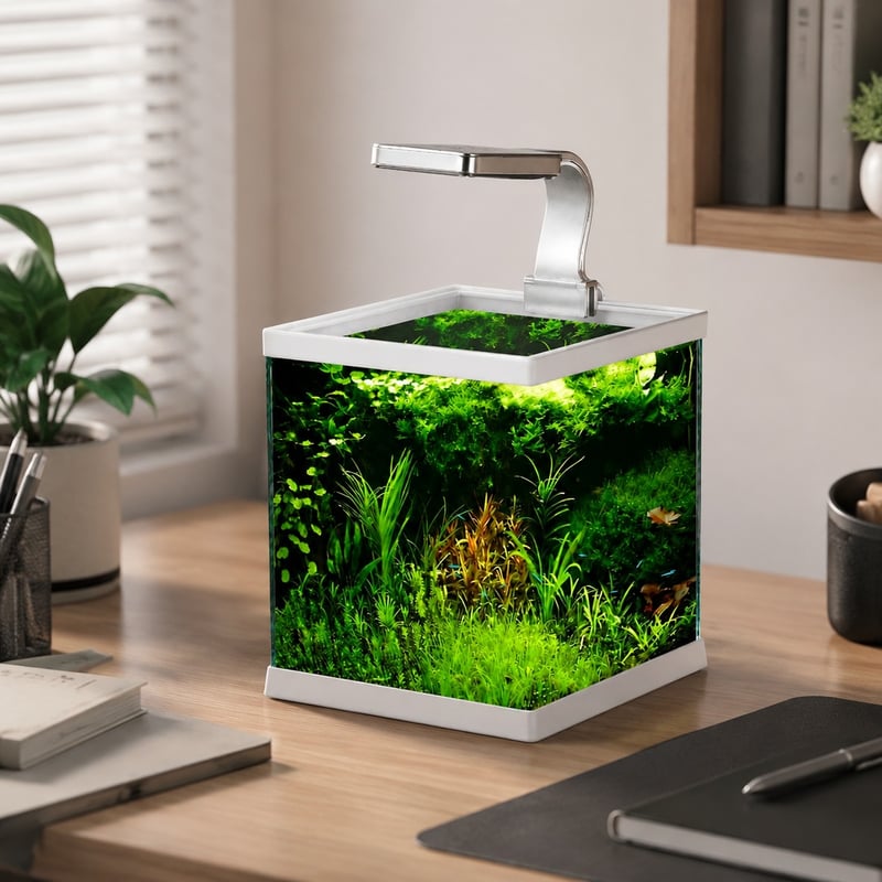 Gambar fungsi Akuarium Mini Tanpa Bingkai Bagian Atas Terbuka WK076 dengan Lampu LED model WK076 untuk distributor dan tim pengadaan tangki akuarium