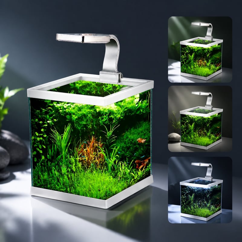Gambar keunggulan Akuarium Mini Tanpa Bingkai Bagian Atas Terbuka WK076 dengan Lampu LED model WK076 untuk distributor dan tim pengadaan tangki akuarium