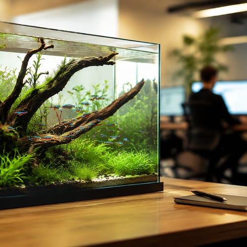 Tampilan gaya hidup akuarium WKAQOO dengan kayu apung dan tanaman untuk presentasi rangkaian akuarium B2B bagi pembeli grosir akuarium, OEM, dan distributor